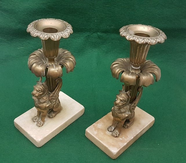 Matching Pair of 19thC Italian Cast Brass Candlesticks, with fluted tops, supported by seated