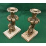 Matching Pair of 19thC Italian Cast Brass Candlesticks, with fluted tops, supported by seated