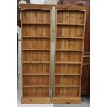 2 pine matching pair narrow bookcases modern, 65cm w x 56ch h each