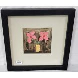 COLIN FLACK, still life, black frame, pink flowers, 16cm x 17cm