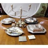 Group of Silver Plate Items – 3 entrée dishes, candelabra, sugar jug and cream bowl in stand,