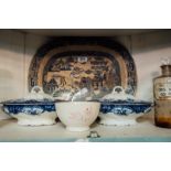 Large 19th. C. Willow patterned platter, two blue and white lidded tureens and 19th. C.