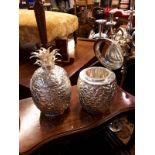 Pair of exceptional quality hand beaten silver plate ice buckets in the form of Pineapples in the