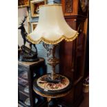 1960's brass table lamp on marble base and cloth shade.