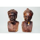 Two Lifelike heads of Khoi San Bushmen (male & female) heavy hardwood. Shona, Zimbabwe.
