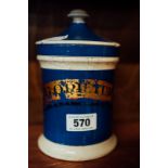 Blue and white ceramic chemist's jar.