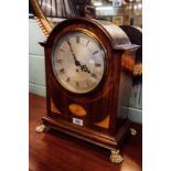 Edwardian inlaid mahogany single Fusee bracket clock with single dial on brass lion paw feet {56 cm