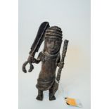 Figure of a 'Royal Guard' with sword and spear (Bronze possibly 19th C.) Benin, Edo, Nigeria.