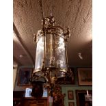 Large brass and etched glass hall lantern. { 95cm Drop. }.