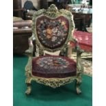 Ex Odessa Club Iconic carved wood and gilt armchair with tapestry upholstery 29"W