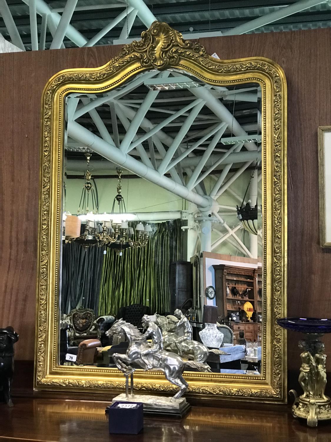 Large gilt framed shaped top wall mirror 43" W x 63" H