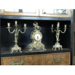 Rococo style brass clock garniture 14"H