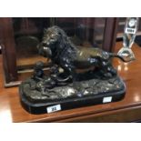 Bronze group lion with cubs marble base 16"W x 7"D x 11" H