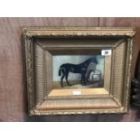 Victorian oil on canvas Horse in stable interior in gilt frame 20" W x 16" H