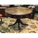 Regency mahogany leather top drum table 43" D x 29" H