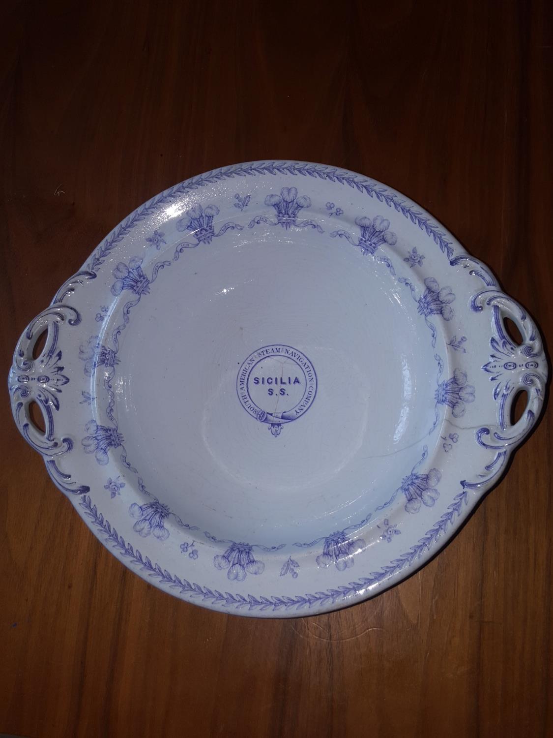 19th Century blue and white vegetable dish from the SS Sicilia the South American Steam Navigation