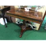 Stylish William rosewood fold over card table on tapering pillar supports with trefoil base 36" W x