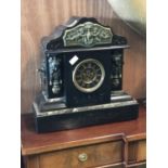 Victorian slate and rouge marble mantle clock with brass mounts 18" W x 19" H