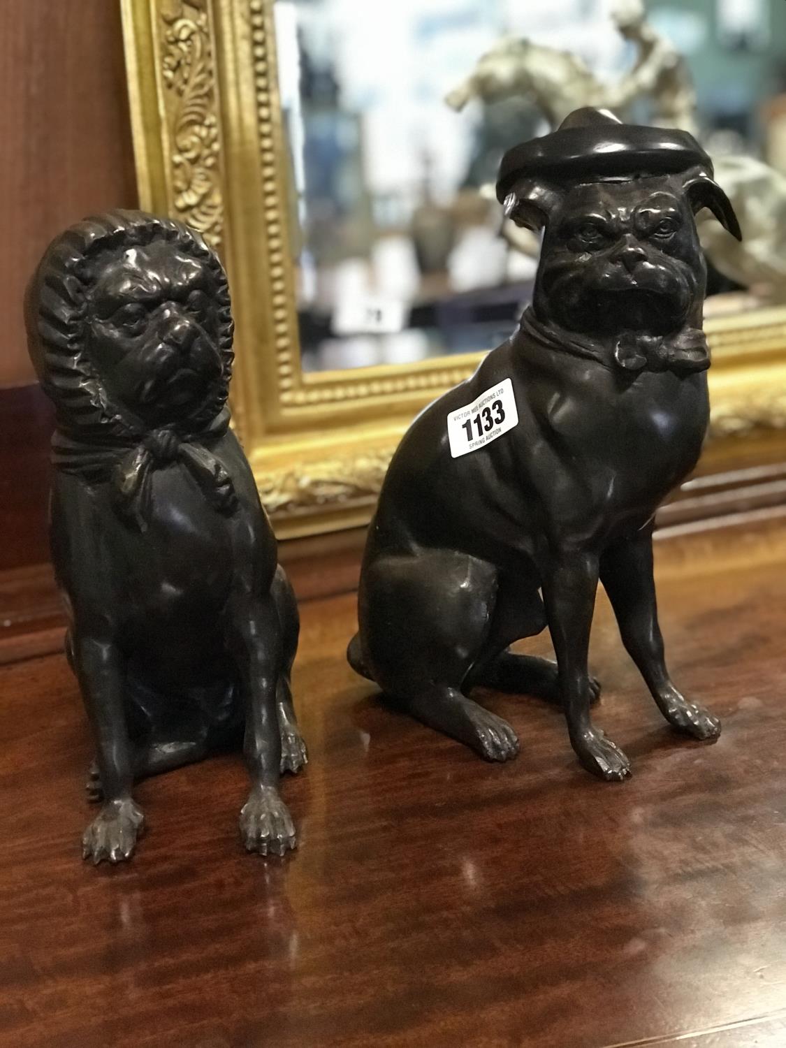 Quirky pair of bronze dog figures in Victorian dress 12" tall