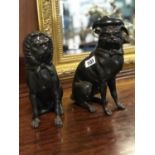Quirky pair of bronze dog figures in Victorian dress 12" tall