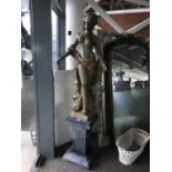 A bronze Art Nouveau style nude lady on a grey marble pedestal 16" W x 16" D x 78" H