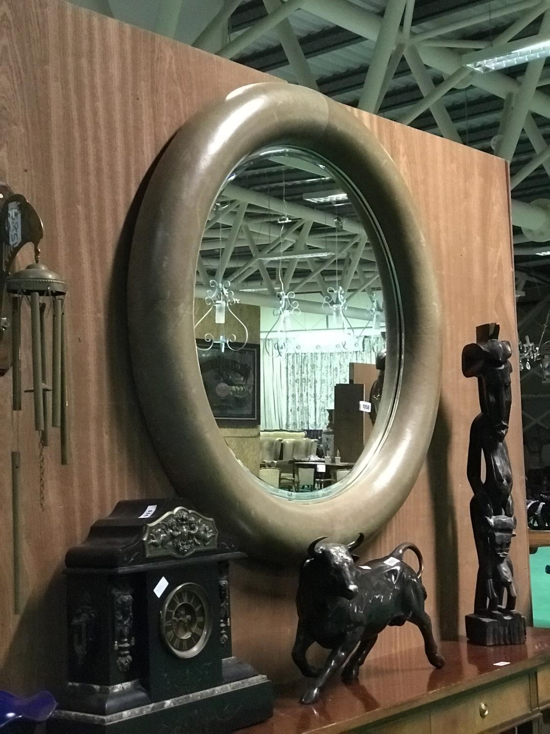 Large circular leather framed wall mirror 48" diameter
