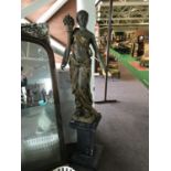 A bronze Art Nouveau style semi nude lady holding a bunch of flowers 16" W x 16" W x 78"H