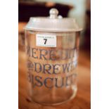 Early 20th C. etched glass biscuit barrel.