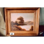 19th C. gilt frame oil on board lake and mountain scenes.