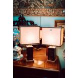 Pair of decorative table lamps with brass inlaid Egyptian scenes.