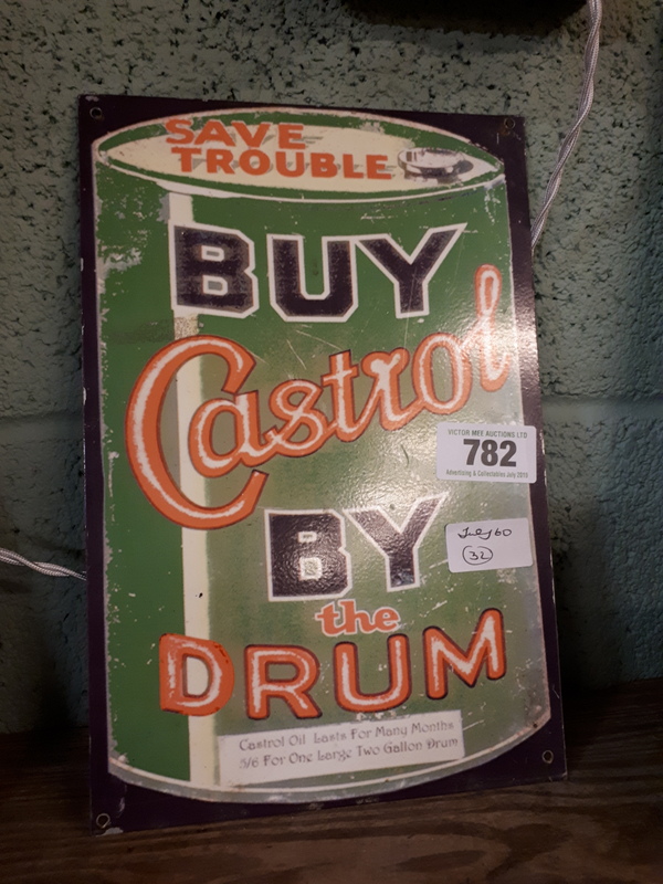 Save Trouble Buy Castrol By Drums metal advertising sign. { 30cm H X 20cm W }.