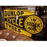 Rare Dunlop Cycle Tyres - In Stock Here double sided enamel advertising sign {36 cm H x 69 cm W}.