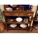 1930's mahogany dumb waiter with two drawers over two open shelves. (120 cm l x 115 cm h x 51 cm