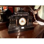 Victorian ebonised wooden mantle clock. (40cm h x 49 cm w).