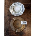 Catley Abbey enamel ashtray and Perrier Table Water brass ashtray.