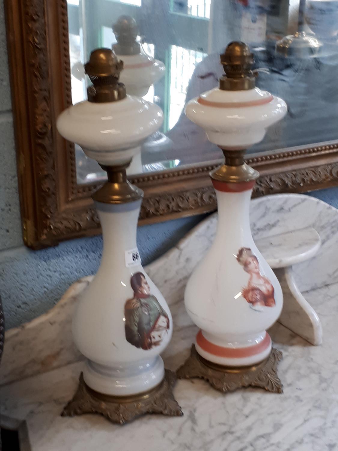 Pair 19th. C. brass and glass opaline lamps with Napoleon and Josephine etching.(58 cm h)