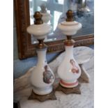 Pair 19th. C. brass and glass opaline lamps with Napoleon and Josephine etching.(58 cm h)