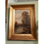 Gilt frame oil on canvas 'Afternoon on the Glasgow and Coatbridge Canal' scene. (59 cm h x 39 cm