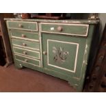 19th. C. Painted pine chest of drawers flanked by one short drawer over one panelled door and