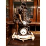 Exceptional quality 19th C. spelter and Sienna marble clock. (58 cm h x 34 cm w x 17 cm d).