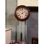 Victorian mahogany postman's double weighted wall clock with original pendulum. (30 cm x 30 cm).