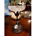 Cut glass bowl on metal pedestal surmounted with elephant and palm tree. (4 cm h).