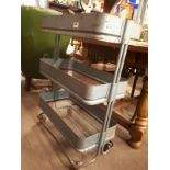 1950's three tier metal garage trolley (77 cm h x 62 cm w x 30 cm d)