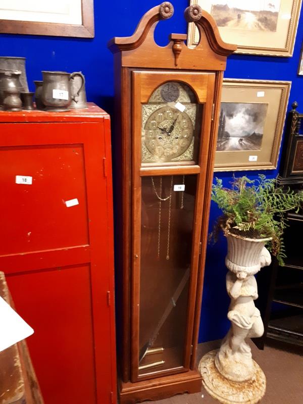 Mahogany granddaughter clock with brass dial. (188 cm h x 48 cm w)