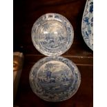 Two blue and white Spode dishes Death of the Bear (25 cm w).