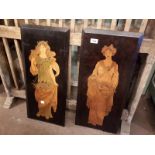 Two Art Nouveau pokerwork panels of Ladies. (69 cm h x 30 cm w)