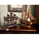 Two Models of Galleons. ( 53 cm h x 47 cm l) (44 cm h x 69 cm l).