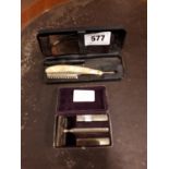 1920's cut throat razor with mother of pearl handle in original box and 7 O'clock razor and blades