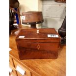 Georgian inlaid mahogany tea caddy. (13 cm h x 20 cm w x 12 cm d).