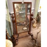 Early Victorian mahogany robing mirror. (137 cm h x 75 cm w x 64 cm d).